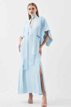 Petite Satin Crepe Tie Neck Woven Maxi Dress