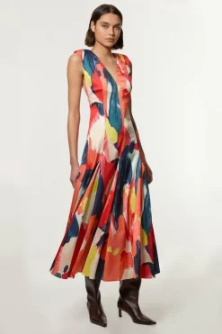 Petite Satin Print V Neck Woven Maxi Dress
