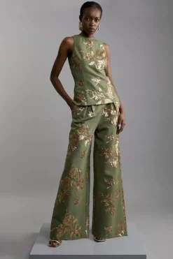 Petite Satin Sequin And Embroidery Woven Pants