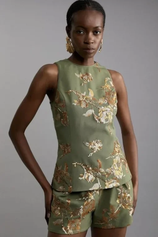 Petite Satin Sequin And Embroidery Woven Sleeveless Top