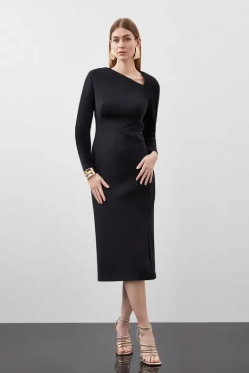 Petite Scuba Tailored Asymmetric Mesh Panels Maxi Dress