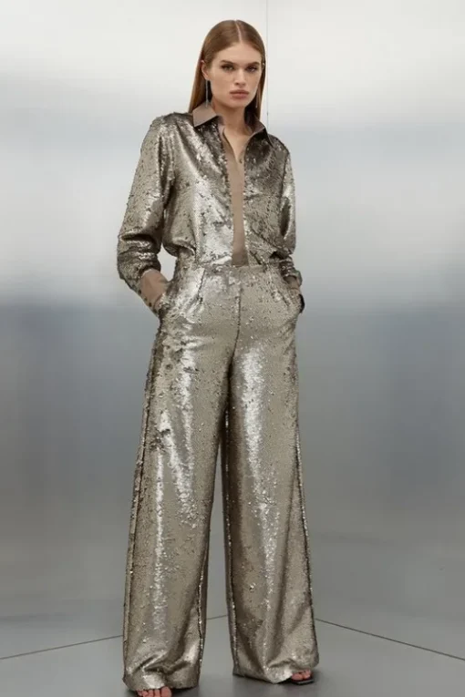 Petite Sequin Woven Wide Leg Pants