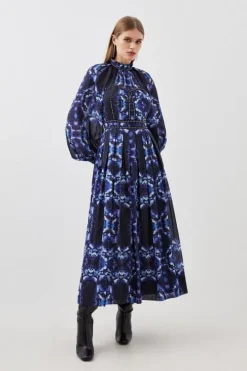 Petite Silk Cotton Border Print Woven Midi Dress