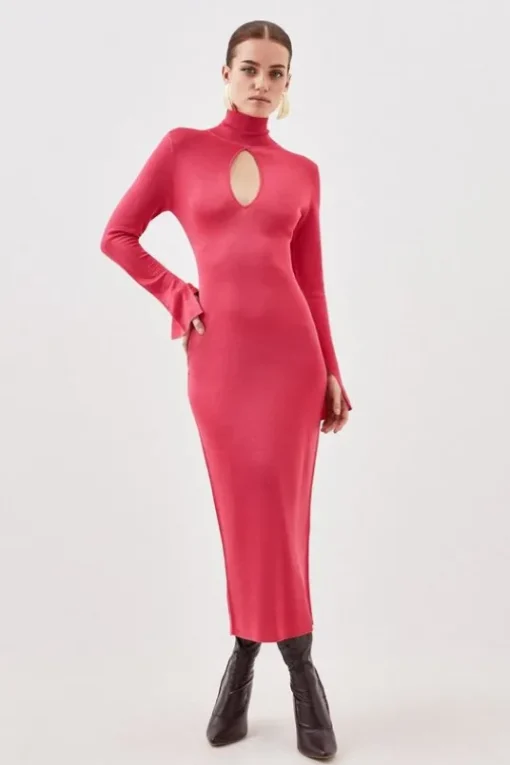 Petite Slinky Viscose High Neck Keyhole Knit Midi Dress