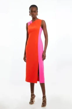 Petite Soft Tailored Color Block Split Strap Midi Dress
