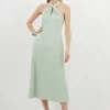 Petite Soft Tailored Halter Tie Neck Pleat Detail Midi Dress