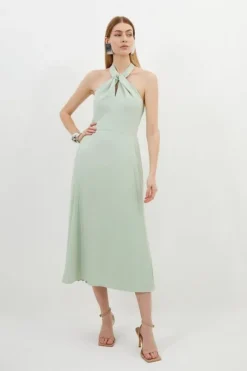 Petite Soft Tailored Halter Tie Neck Pleat Detail Midi Dress