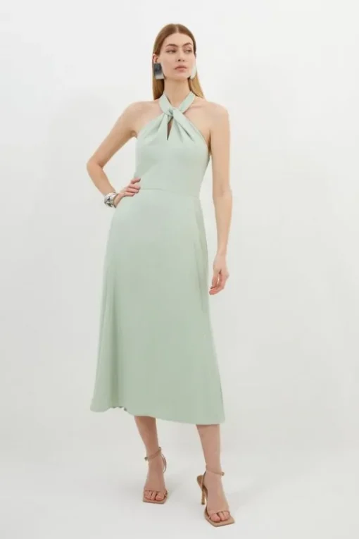Petite Soft Tailored Halter Tie Neck Pleat Detail Midi Dress
