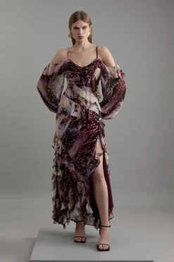 Petite Strappy Metallic Thread Ruffle Midaxi Dress