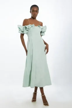 Petite Strappy Off The Shoulder Taffeta Woven Prom Dress