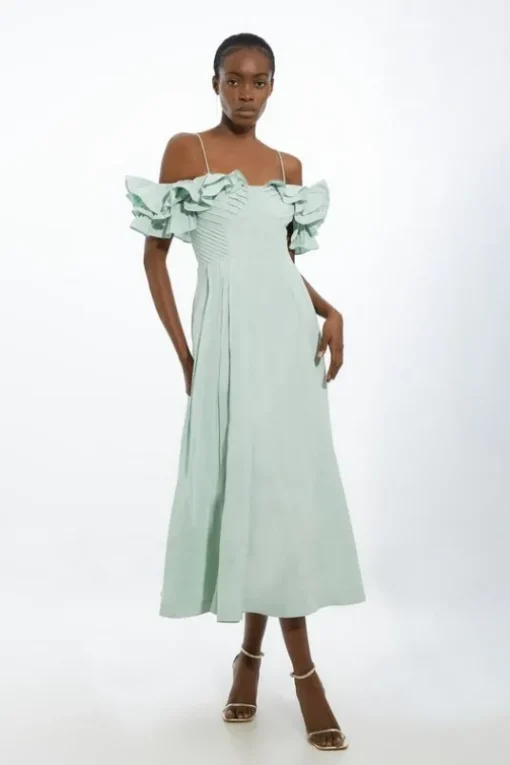 Petite Strappy Off The Shoulder Taffeta Woven Prom Dress