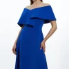 Petite Stretch Crepe Asymmetric Collar Tailored Full Skirt Midi Dress