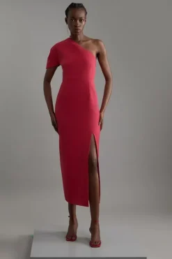 Petite Structured Crepe Asymmetric Cape Detail Tailored Midi Dress