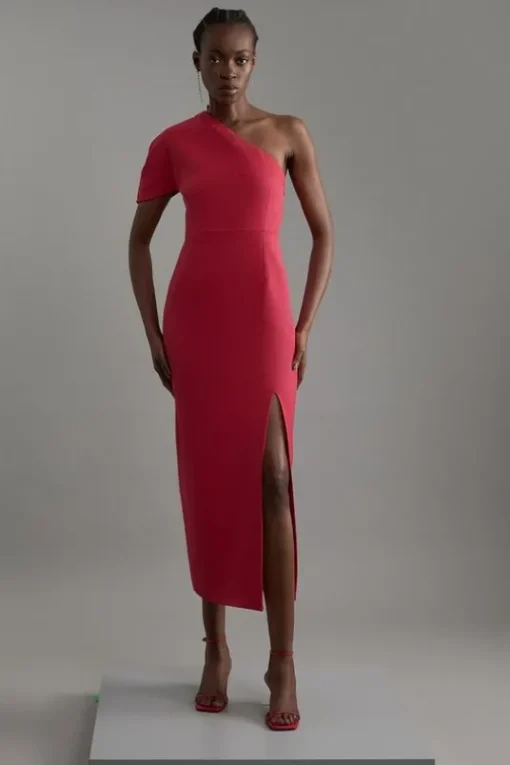 Petite Structured Crepe Asymmetric Cape Detail Tailored Midi Dress