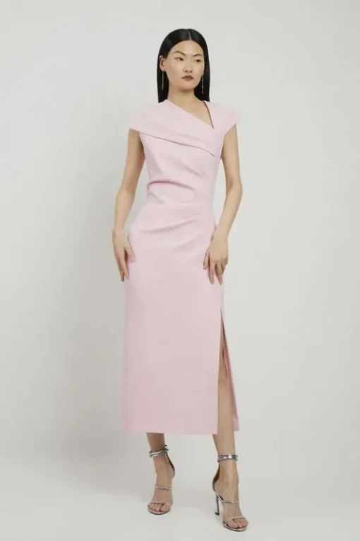 Petite Structured Crepe Asymmetric Neck Midi Dress