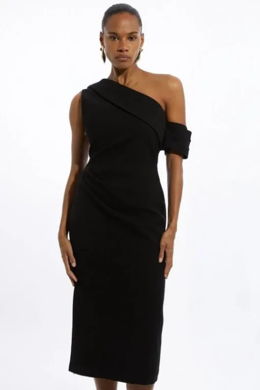 Petite Structured Crepe Asymmetric Tailored Pencil Midi Dress