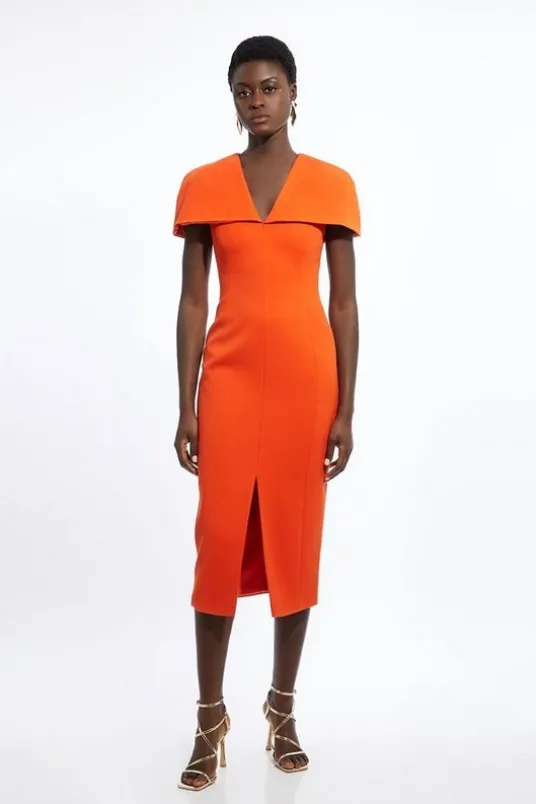 Petite Structured Crepe Cape Sleeve Tailored Midi Pencil Dress