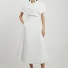 Petite Structured Crepe Cape Detail Full Skirted Tailored Midi Dress