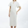 Petite Structured Crepe Ruffle Sleeve Tailored Midi Pencil Dress