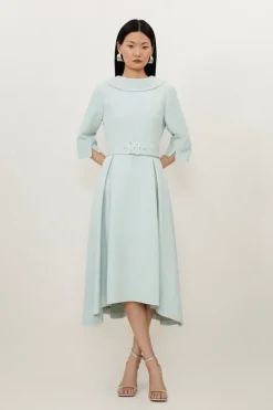 Petite Structured Crepe Turtleneck Dip Hem Midi Dress