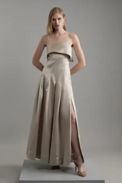 Petite Structured Satin Bandeau Prom Tailored Maxi Dress