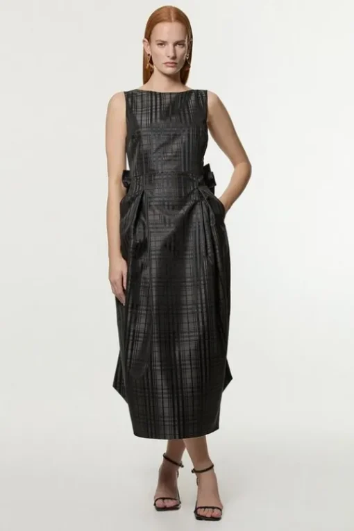 Petite Taffeta Check Bow Detail Tailored Maxi Dress