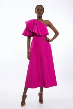 Petite Taffeta One Shoulder Ruffle Midi Dress