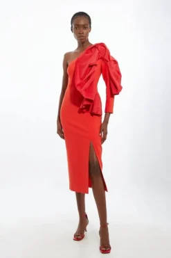 Petite Taffeta Ruffle Sleeved Midi Dress