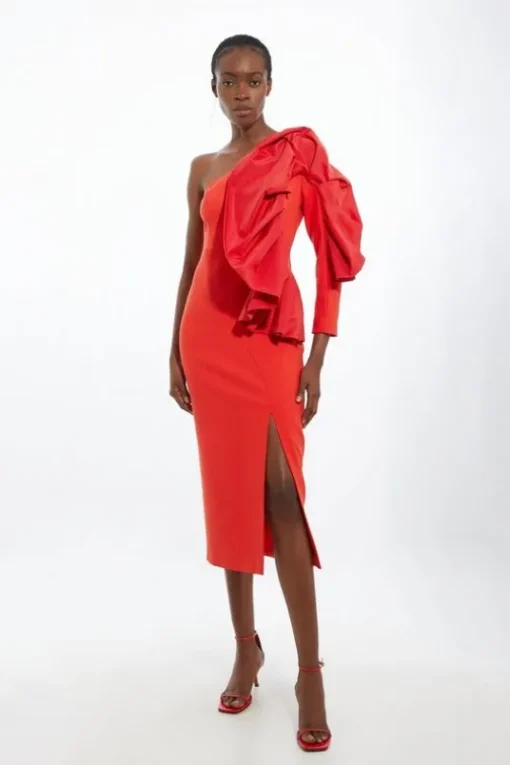 Petite Taffeta Ruffle Sleeved Midi Dress