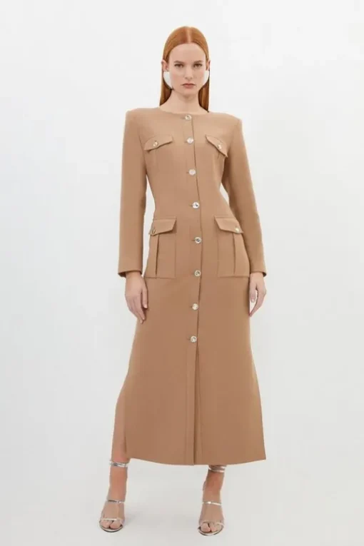 Petite Tailored Compact Stretch Button Through Midi Dress