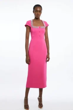 Petite Tailored Compact Viscose Stretch Embellished Cap Sleeve Midi Dress