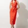 Petite Tailored Cotton Belted Cargo Pocket Midi Shirt Dress