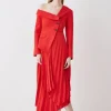 Petite Tailored Crepe Asymmetric Pleated Midi Dress