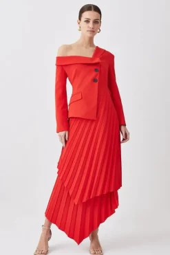 Petite Tailored Crepe Asymmetric Pleated Midi Dress