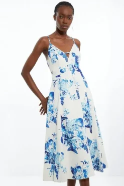 Petite Tailored Crepe Butterfly Floral Full Skirted Midi Dress