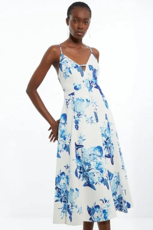 Petite Tailored Crepe Butterfly Floral Full Skirted Midi Dress