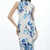 Petite Tailored Crepe Butterfly Floral Neck Tie Midi Pencil Dress
