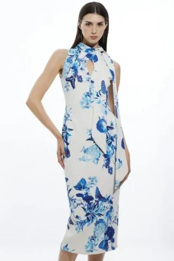Petite Tailored Crepe Butterfly Floral Neck Tie Midi Pencil Dress