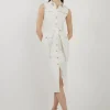 Petite Tailored Denim Cargo Pocket Belted Midi Shirt Dress