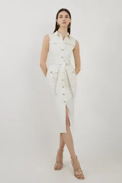 Petite Tailored Denim Cargo Pocket Belted Midi Shirt Dress