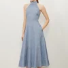 Petite Tailored Denim Linen Strappy Full Skirted Midi Dress