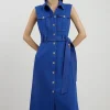 Petite Tailored Denim Pocket Belted Full Skirt Midi Shirt Dress