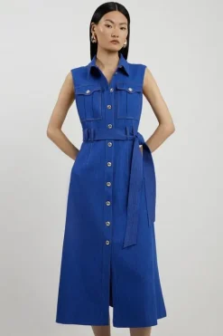 Petite Tailored Denim Pocket Belted Full Skirt Midi Shirt Dress