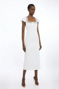 Petite Tailored Embellished Square Neck Midi Dress