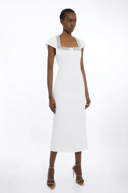 Petite Tailored Embellished Square Neck Midi Dress