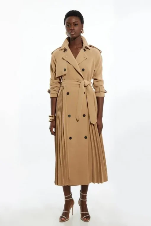 Petite Tailored Pleat Detail Belted Trench Coat