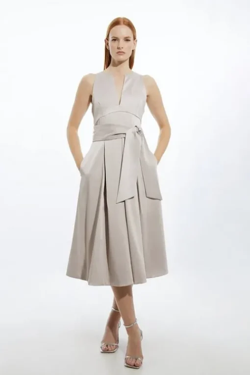 Petite Tailored Satin Bow Detail Full Skirted Midaxi Dress