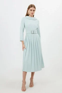 Petite Tailored Structured Crepe Pleated Midi Dress