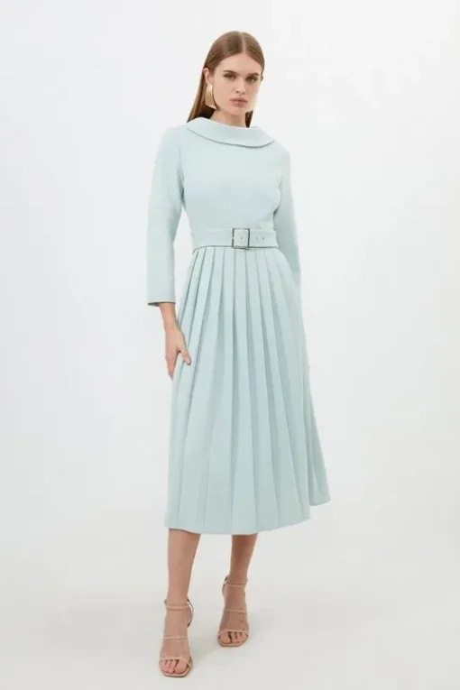 Petite Tailored Structured Crepe Pleated Midi Dress