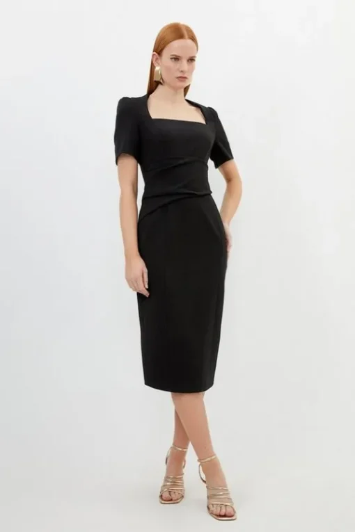 Petite Tailored Structured Crepe Square Neck Midi Dress